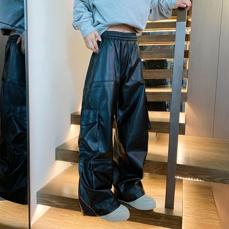 Breeson - Cargobroek van imitatieleer met elastische taille en wijde pijpen