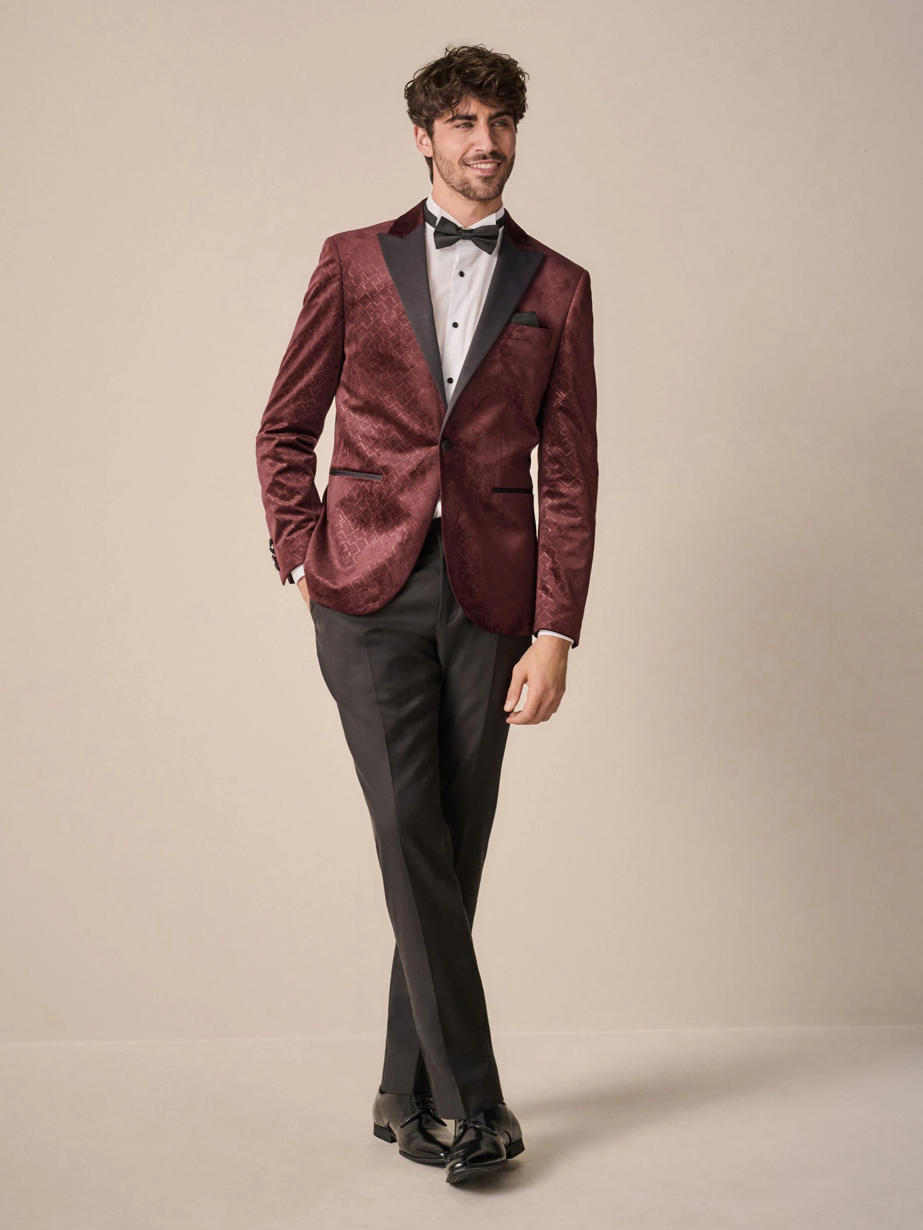 Bordeauxrood geometrisch - Slim Fit - Fluwelen blazer met patroon