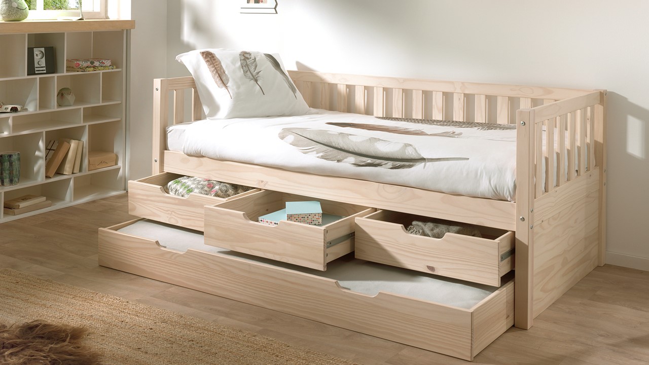 Kajuitbed Fritz met 3 laden en slaaplade naturel