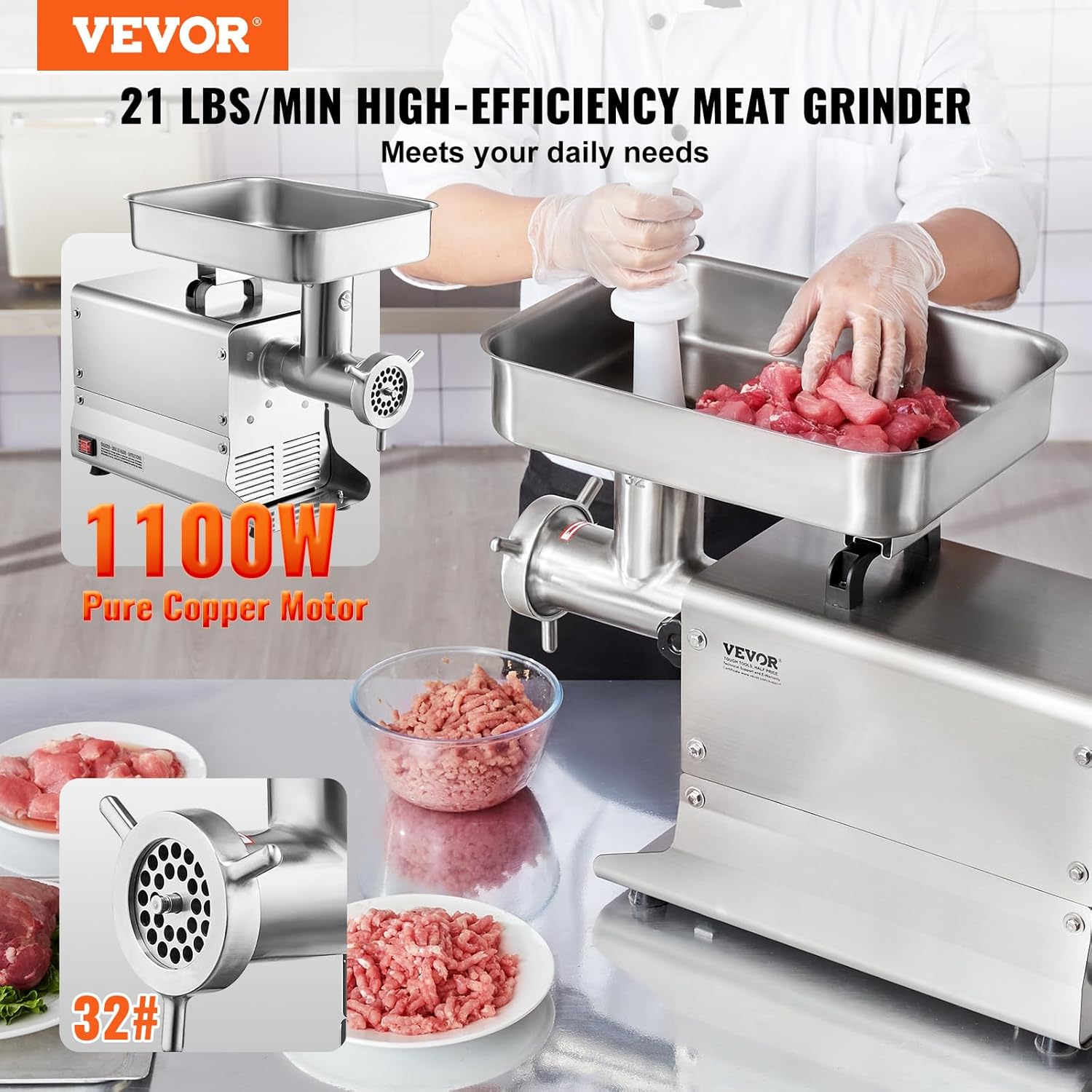 VEVOR kommerzieller elektrischer Fleischwolf Wurstmaschine 9,53 kg/Min. 1100 W, industrieller Fleischwolf mit Klinge & Mahlplatte, multifunktionaler Fleischwolf aus Edelstahl für Küche & Restaurant