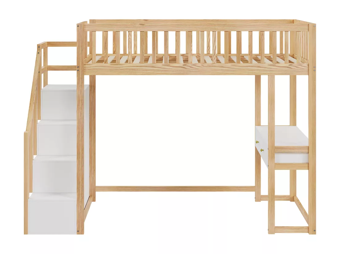 Lit mezzanine 90x200cm en bois - avec table et escalier de rangement - Naturel & Blanc