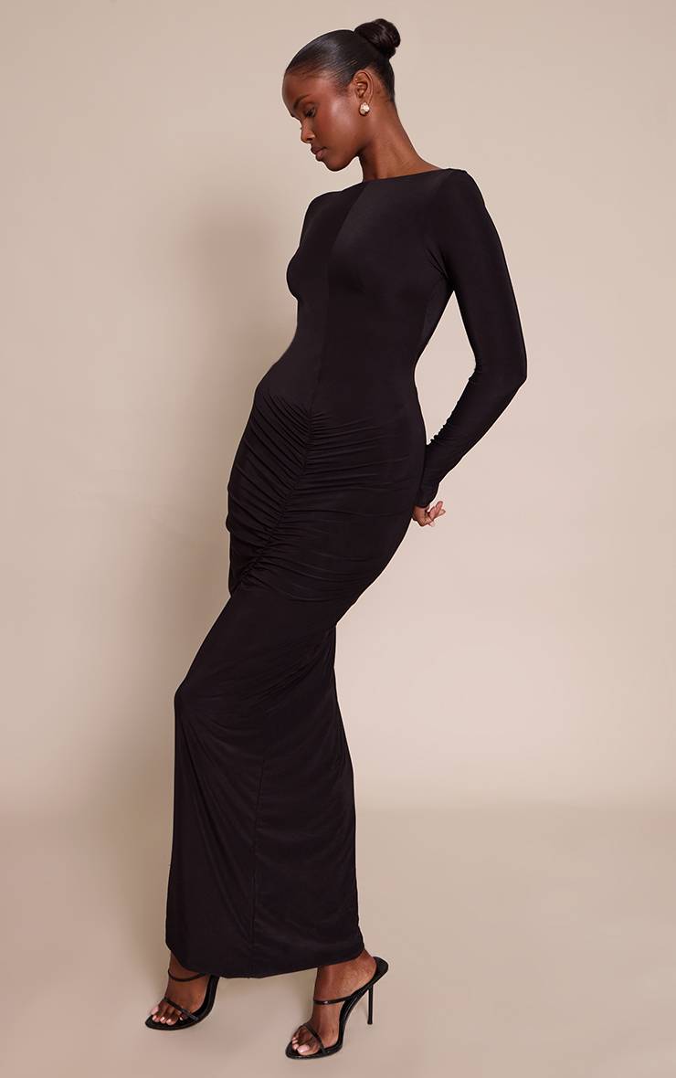 Noir Robe Longue Moulante Froncée À Dos Nu