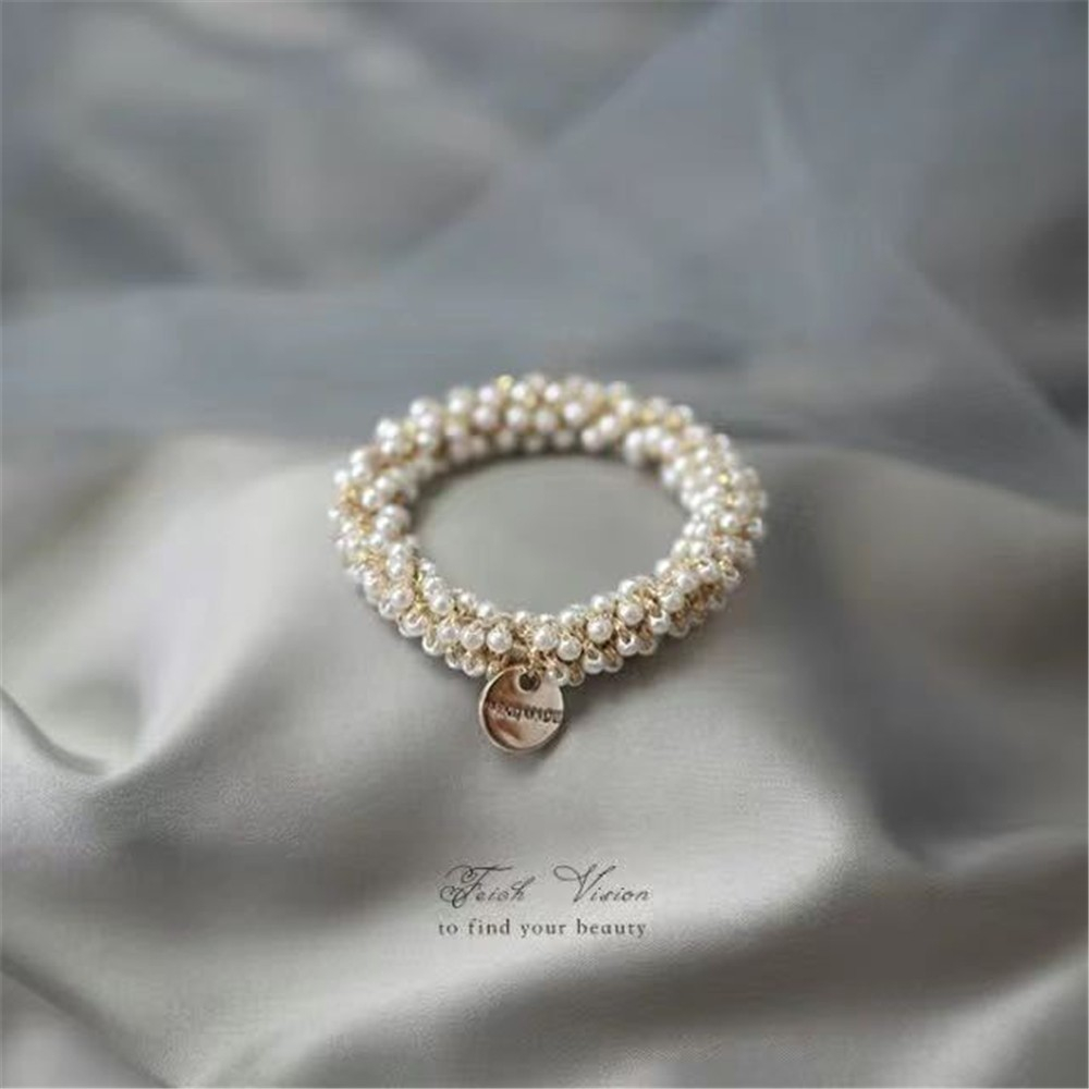 (Ø5cm) Scrunchies Elastischer Haargummi Haarschmuck Haarband Perlen - Silber / Gold