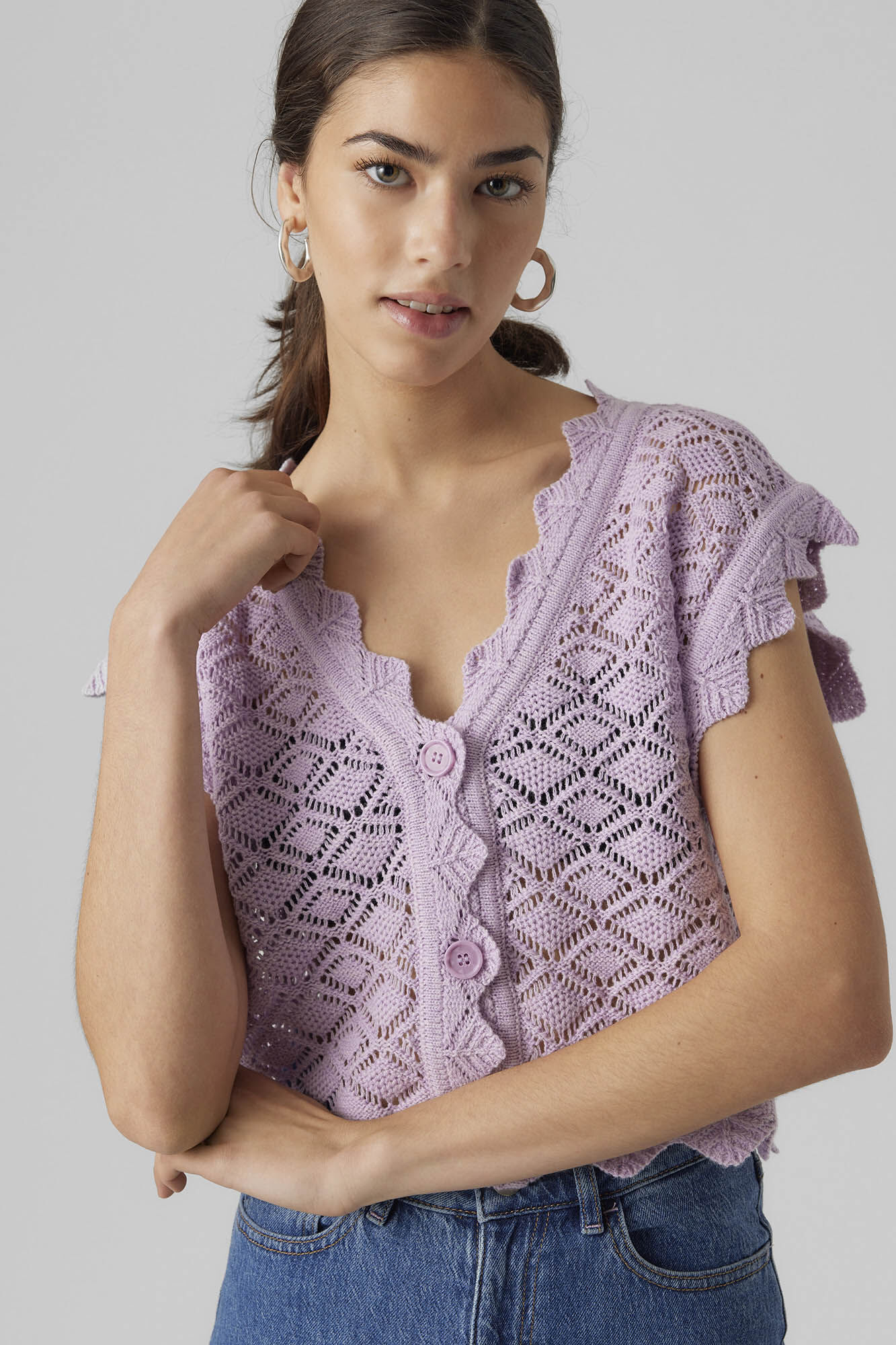 Blusa feminina de malha fina vazada - Lilás