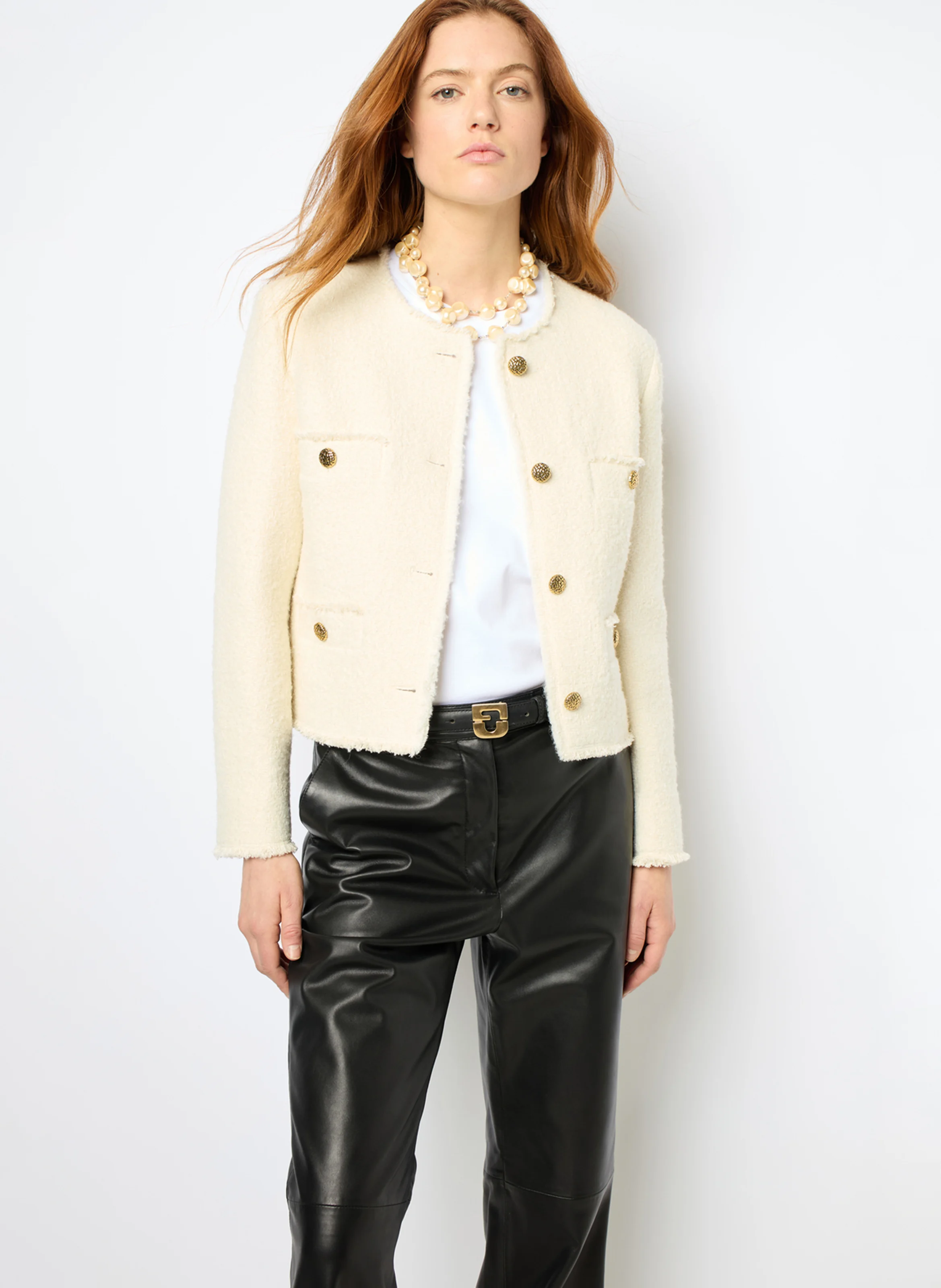 MORGANE - Veste col rond en coton et en laine mélangés| Blanc