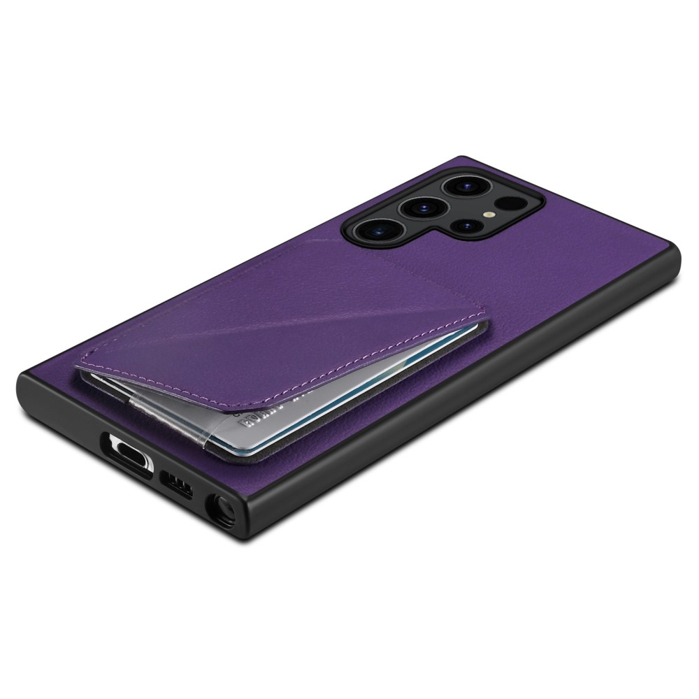 Samsung Galaxy S24 Ultra Leder Hülle mit Kartenfach   Origami Kickstand Aufsteller im Litchi Look - Violett