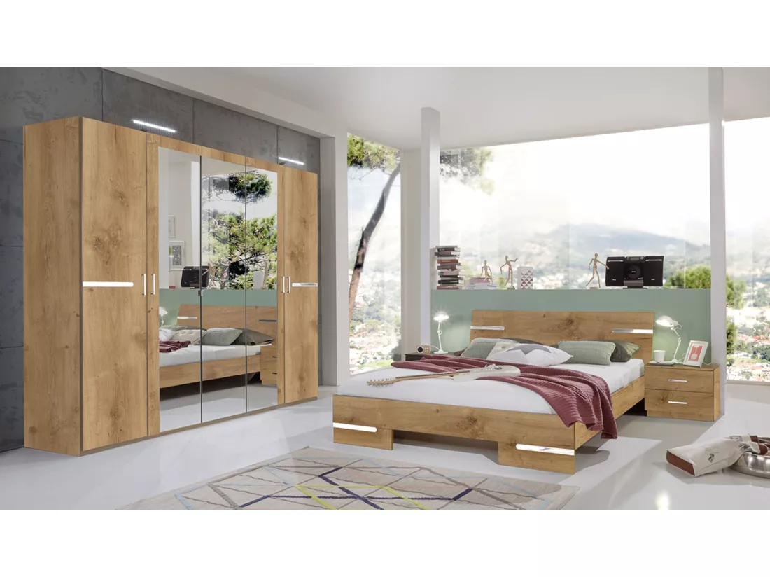 Chambre à coucher complète adulte (lit 140x190 cm + 2 chevets + armoire)