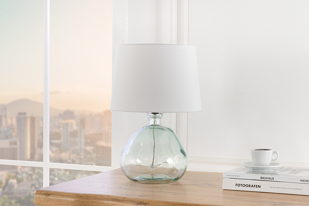 Moderne Tischlampe CLASSIC 45cm transparent recyceltes Glas weiß Stoffschirm