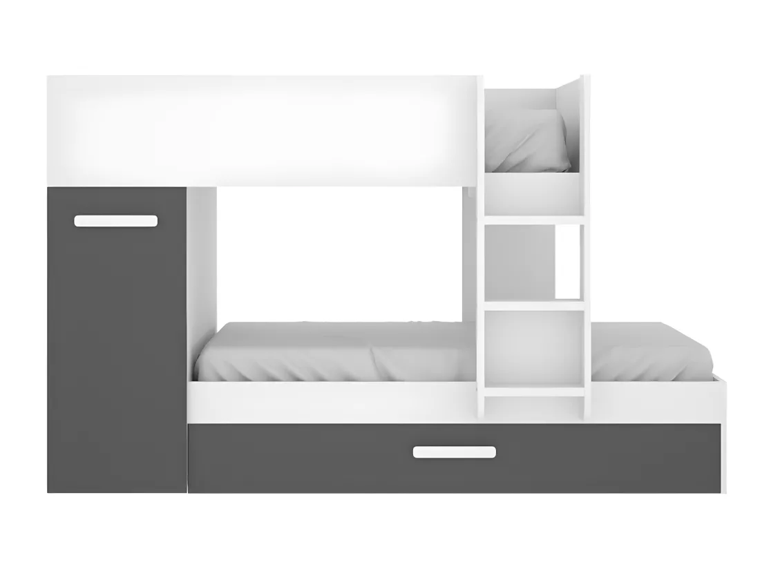 Lits superposés avec tiroir lit gigogne et rangements 3 x 90 x 190 cm - Anthracite et Blanc + matelas - ANTHONY