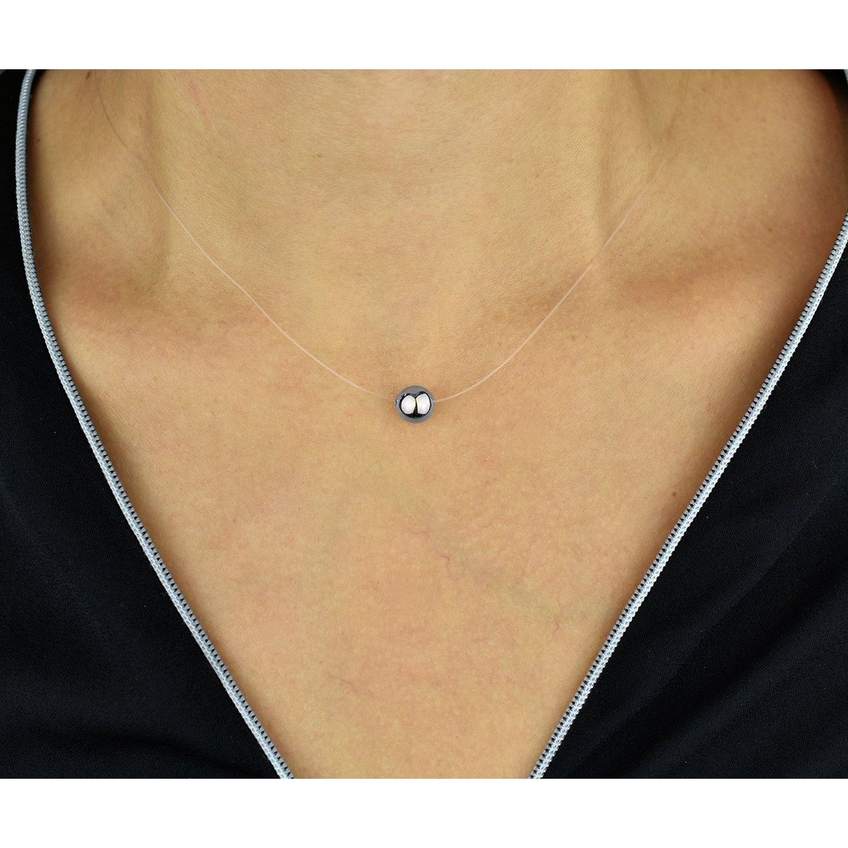 Collier boule fil de nylon transparent Argent 925 Rhodié