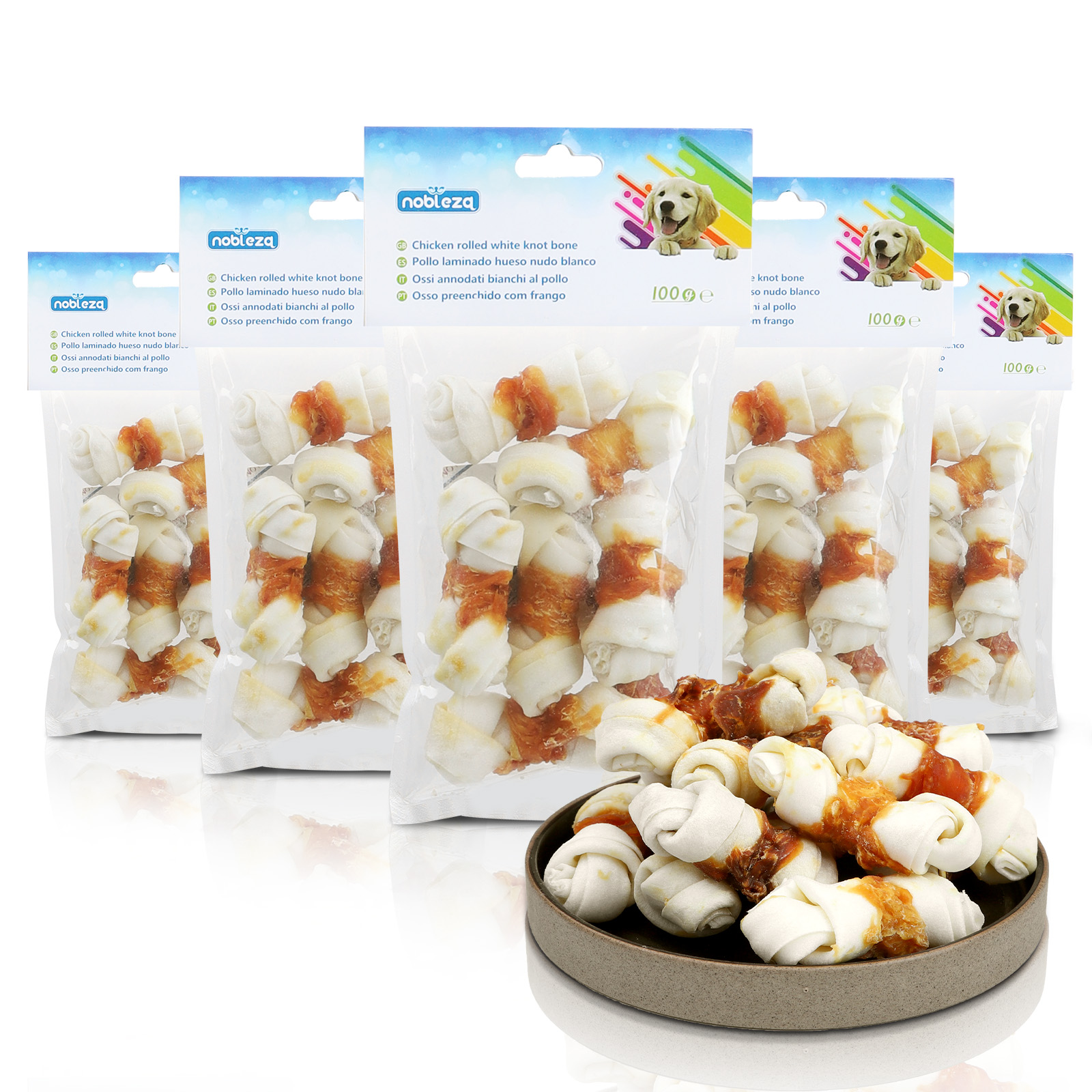 Nobleza - Osso para Mastigar com Design de Frango para Cães, Ossos de Frango Envoltos em Couro Cru com Nós, Ingredientes Naturais Selecionados - 6 Unidades / 600g