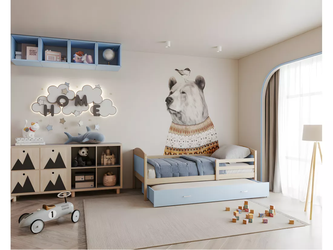Lit Gigogne Mateo 90x190 Pin - bleu Livré avec sommiers, tiroir et matelas en mousse de 7cm