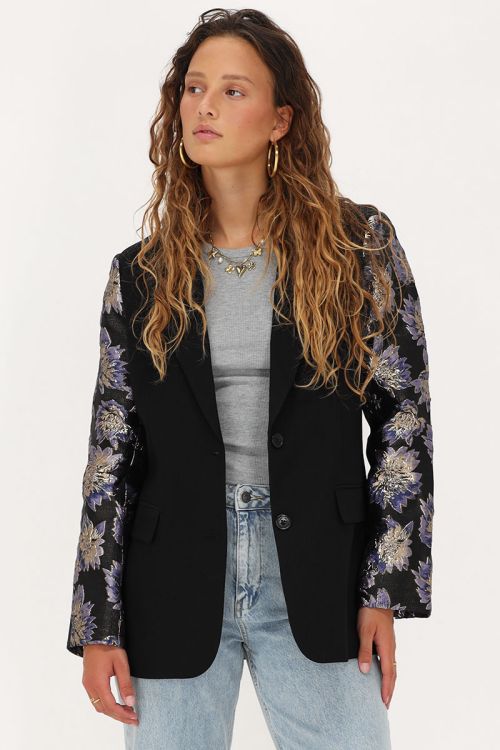 Zwarte blazer met jacquard mouwen