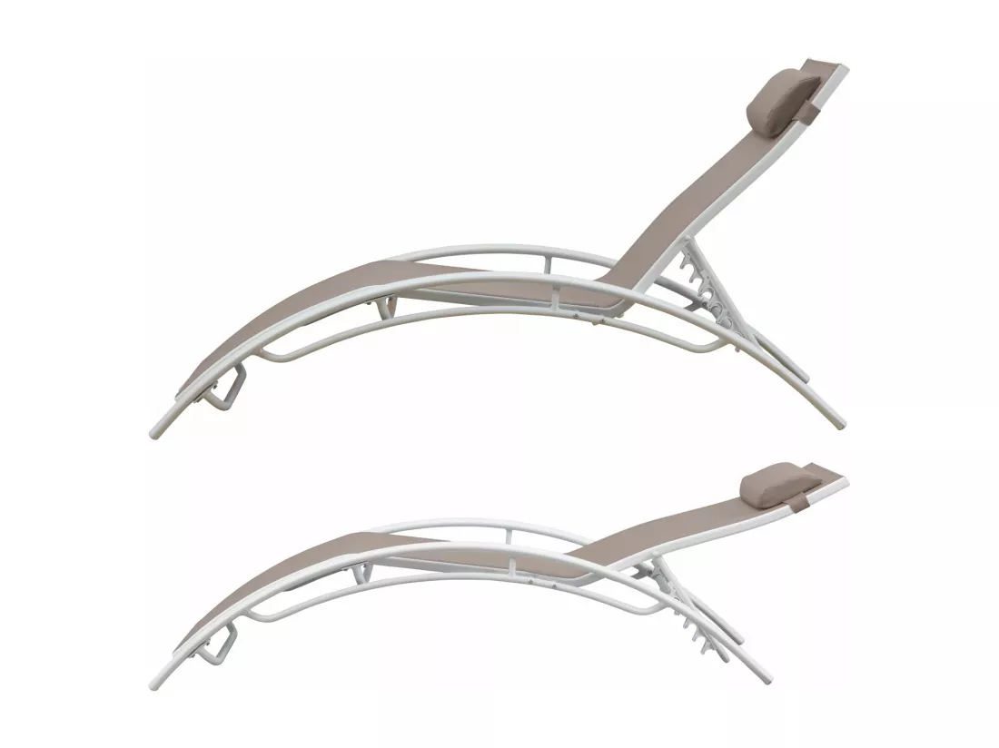 Lot de 2 transats GALAPAGOS en textilène taupe - aluminium blanc - HAPPY GARDEN
