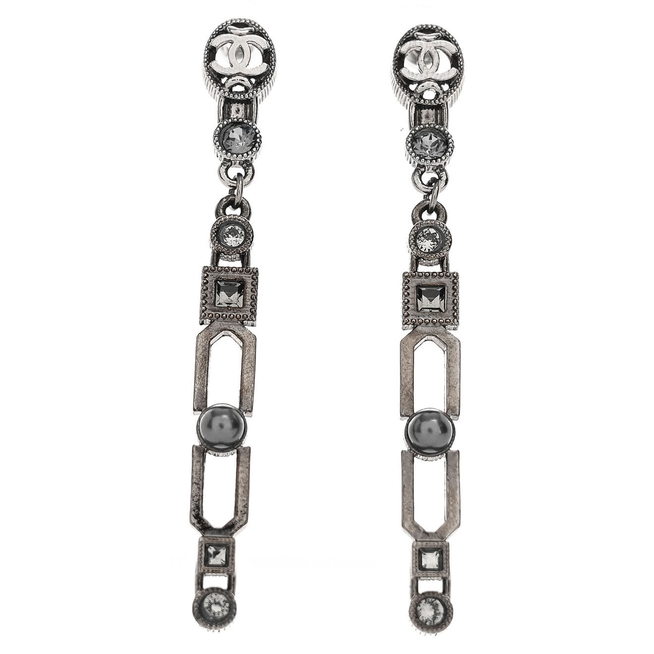 Chanel Boucles d'oreilles pendantes Strass argentées - Parfait état