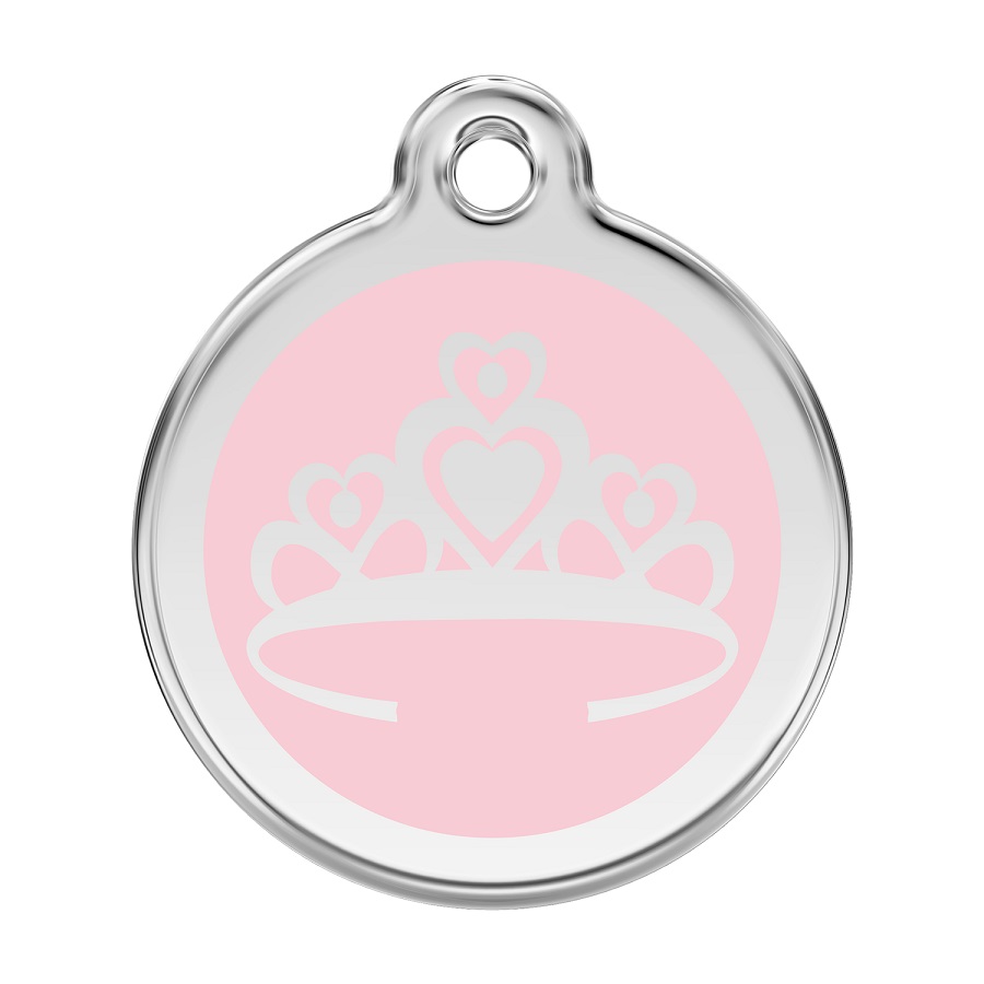 Placa de identificação para cães em aço inoxidável esmaltado com coroa rosa