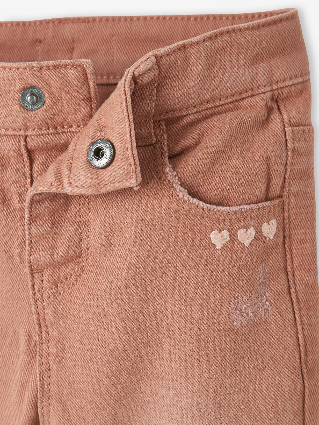 Calças de bebê slim fit em algodão stretch marrom médio, lisas com estampas.