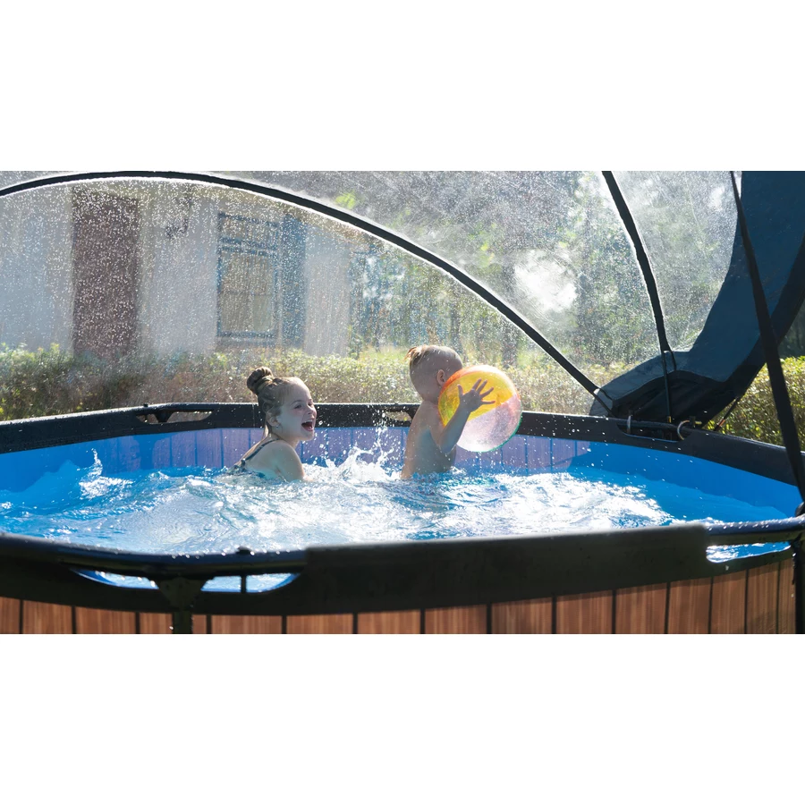 EXIT Frame Pool ø244x76cm (12v Kartusche Filterpumpe) – Holzoptik & Sonnendach