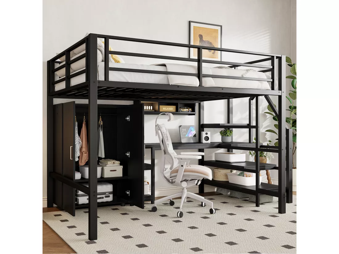 Lit mezzanine 140x200 cm en métal - avec bureau、penderie et échelle de rangement - Noir