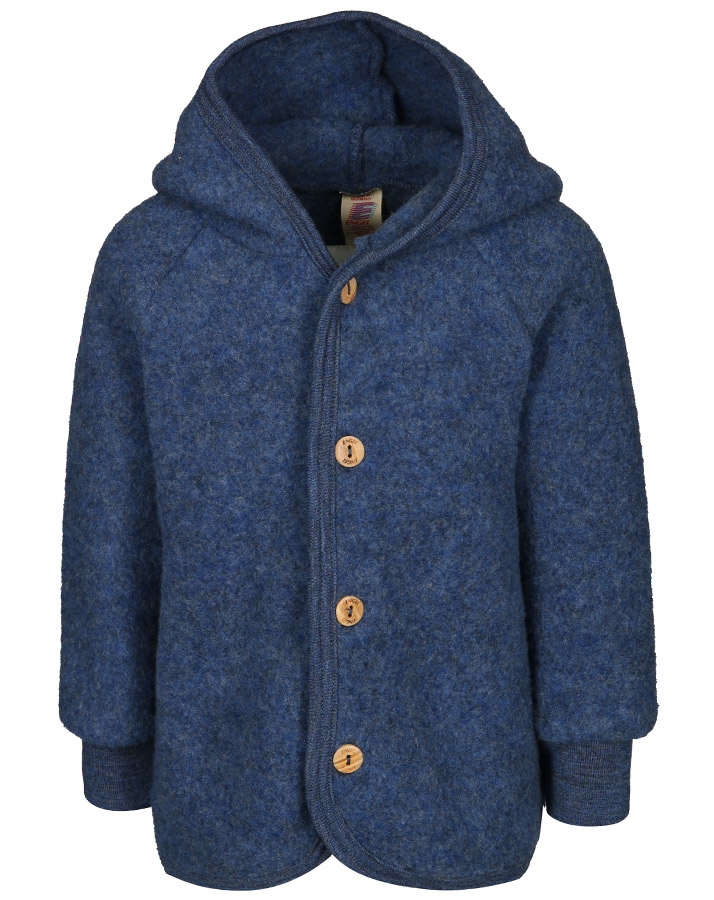 Wollfleece-Kapuzenjacke HOLZKNÖPFE in blau melange