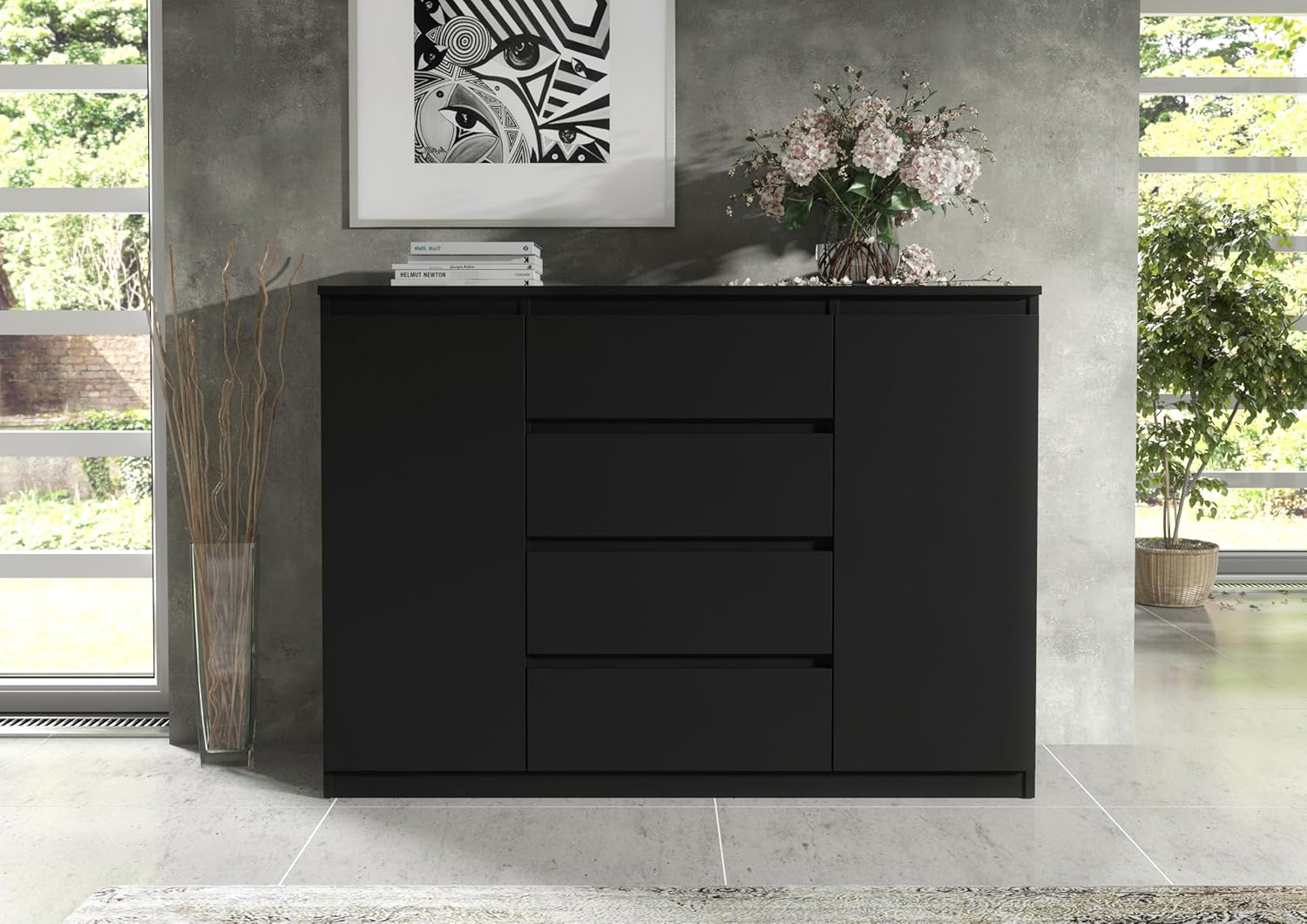 meble masztalerz Kommode Matt mit 4 Schubladen und 2 Türen 140 cm, Sideboard Wohnzimmer, Schlafzimmer H: 101,5 cm, B: 138,6 cm, T: 39 cm Kommode mit Schubladen, Schubladenschrank (Schwarz)