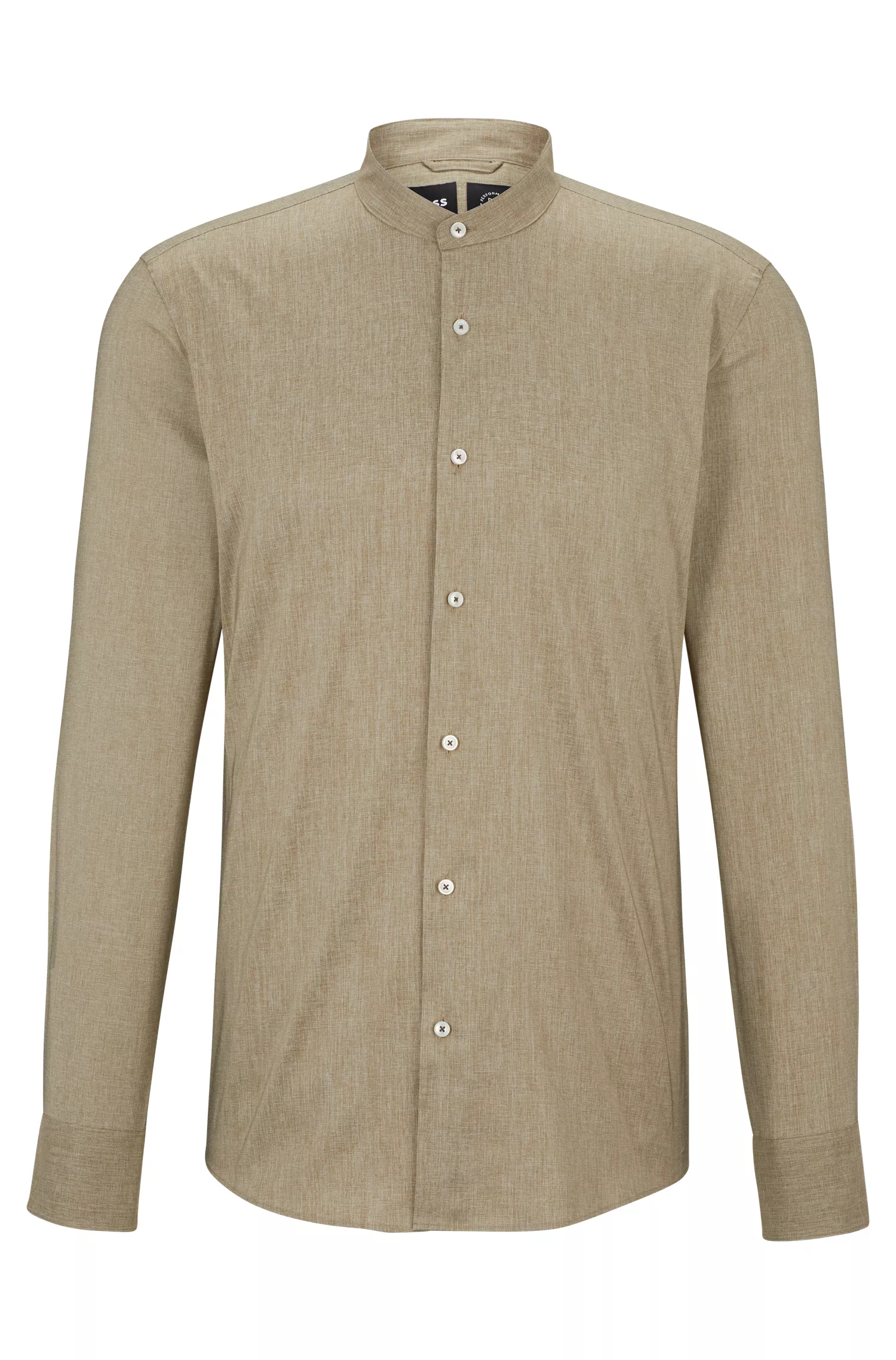 Camisa BOSS preta, corte slim, em tecido elástico com gola alta.