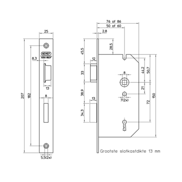 Nemef Insteekslot dag-/nachtslot binnendeur links Doorn 50mm PC 72mm