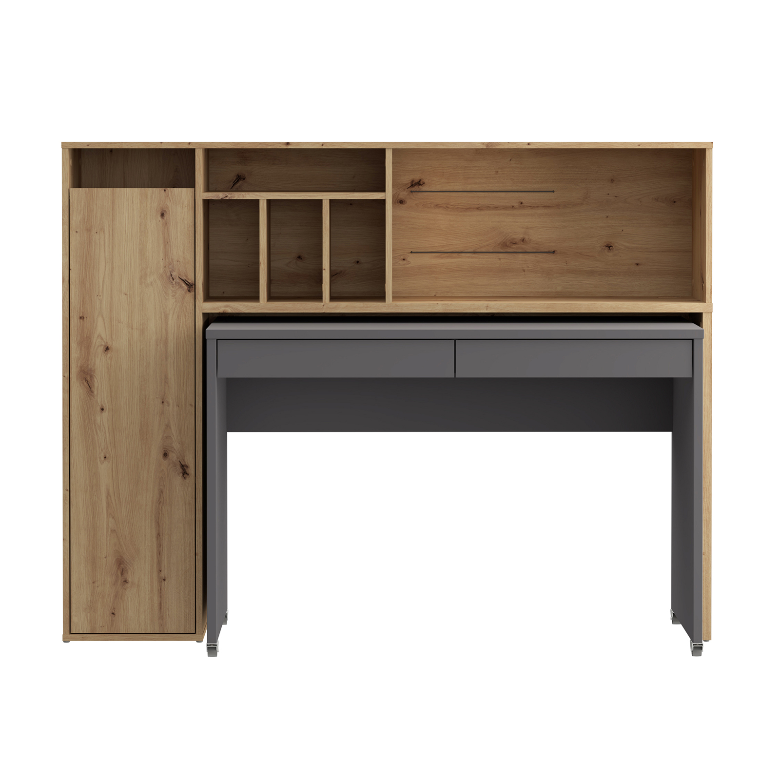 Schreibtischsystem - Artisan Eiche-Wolfram grau - mit Rollen - 154 cm