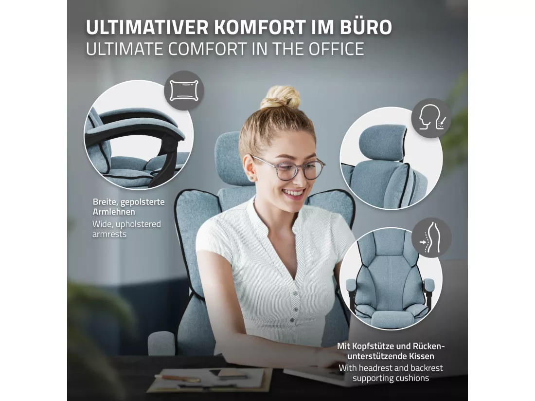 ML-Design Chaise de Bureau Ergonomique, Bleu, Réglable en Hauteur avec Dossier Haut