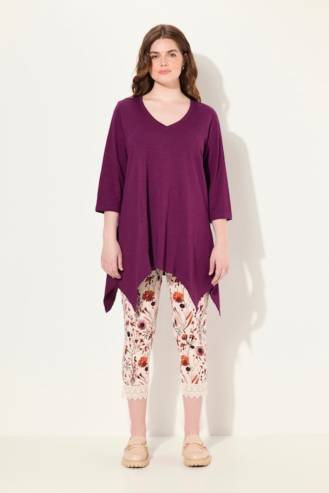 Shirt, Zipfelsaum, V-Ausschnitt, 3/4-Arm, Biobaumwolle
