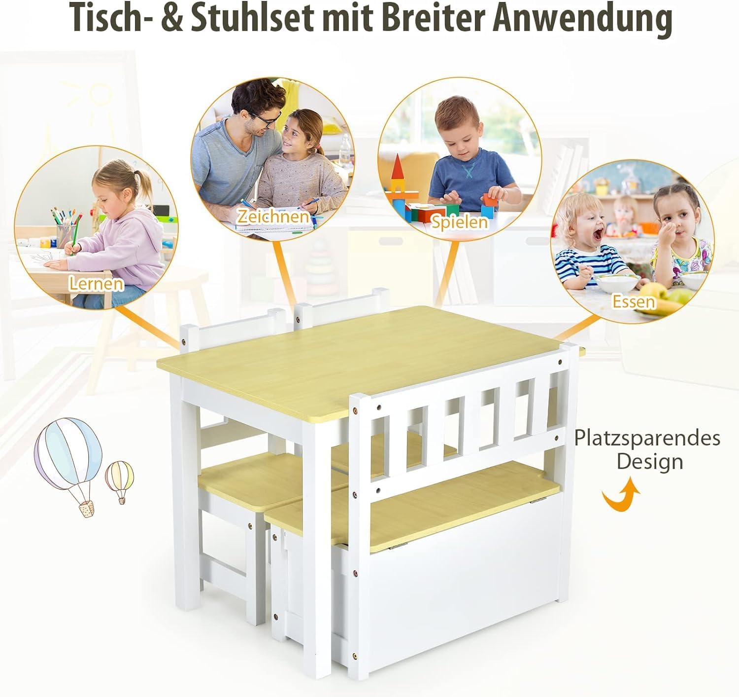 DREAMADE Kindetisch mit 2 Stühlen, Kindersitzgruppe aus Holz mit 22L Strauraum, Kindertruhenbank Kindermöbelset Holzsitzgruppe für Kinderzimmer, Spielzimmer, Wohnzimmer, Natur