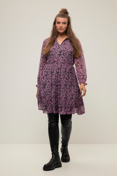 Minikleid, A-Line, Leoprint, Rüschenkragen, Langarm