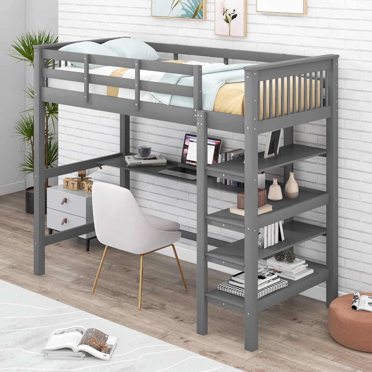 Hochbett mit Lattenrost, Leiter, Schreibtisch und Regalen, 90x200 cm, Einzelbett mit Rausfallschutz, Holzbett aus Kiefer, Kinderbett, Jugendbett (grau)