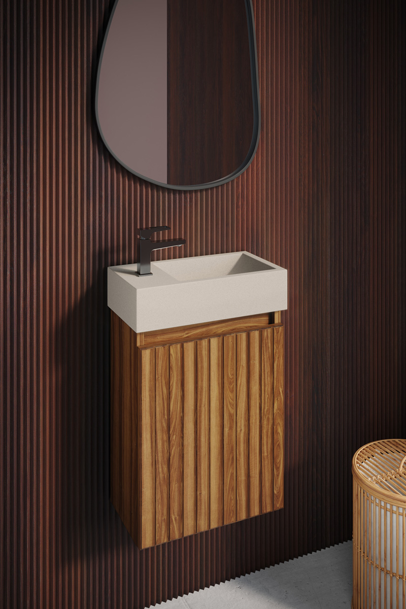 Fontana Crest toiletmeubel ribbelfront walnoot 40x22cm met beige fontein links