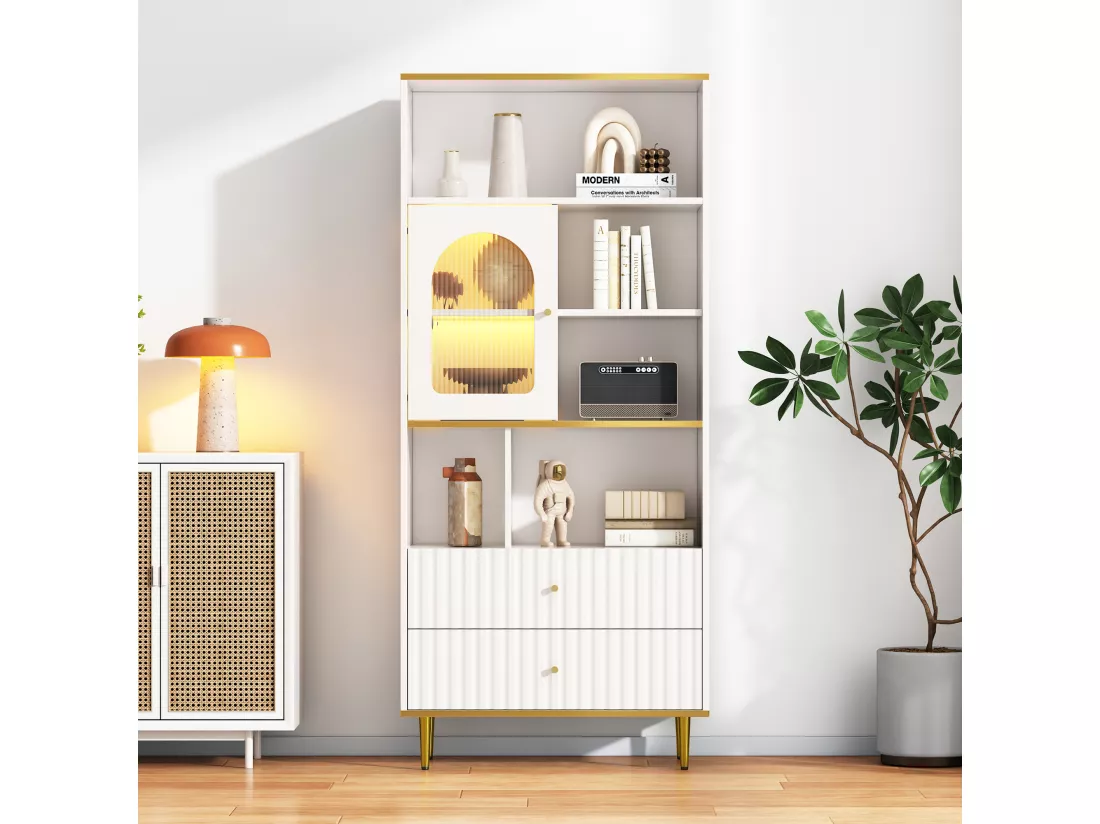 Vitrine avec 2 tiroirs, 1 porte et compartiments ouverts - 78 x 36 x 190 cm - LEDs - Panneaux de particules - Blanc