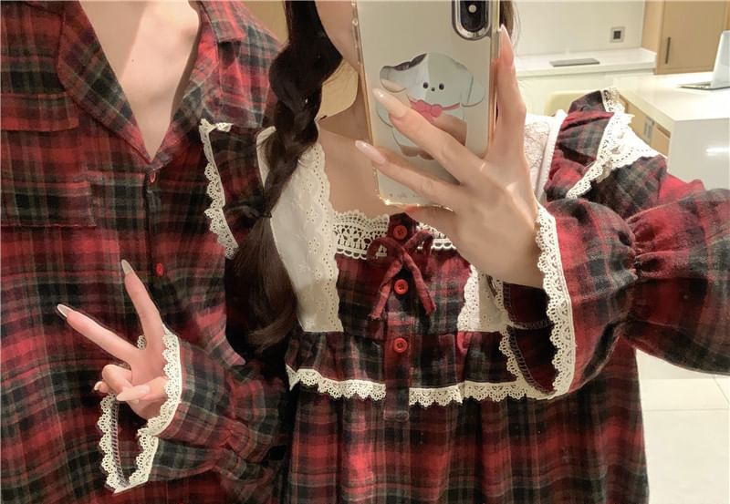 Sadelle - Koppel bijpassende pyjamatop met lange mouwen en geruite kantafwerking, shirt, broek en set