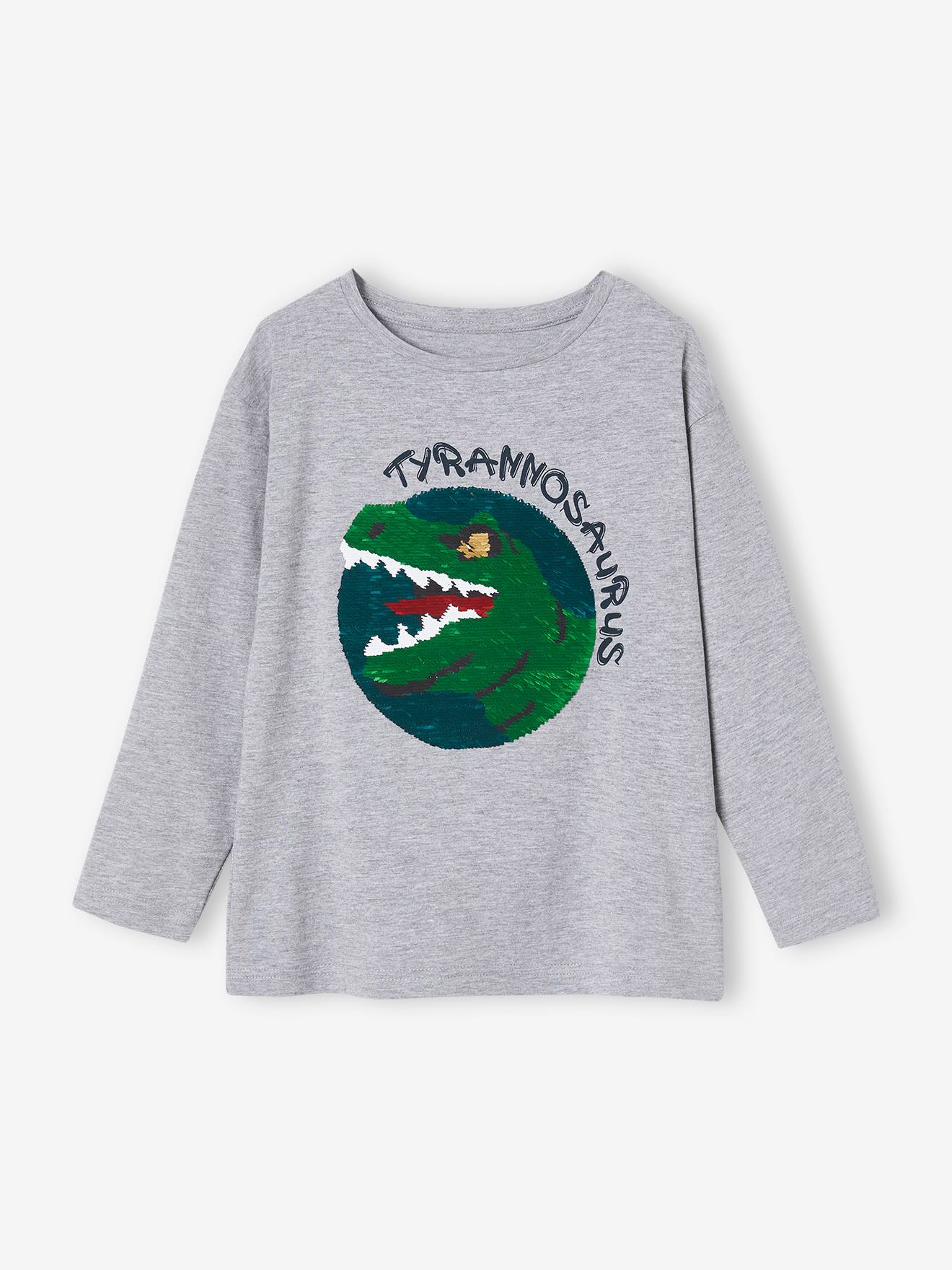 Camiseta infantil masculina reversível com lantejoulas e estampa de astronauta, cinza mesclado.