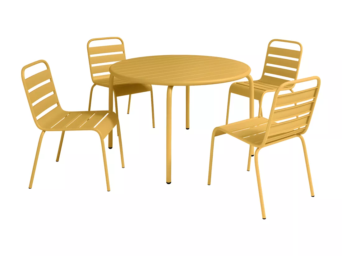 Salle à manger de jardin en métal - une table D.110 cm et 4 chaises empilables - Jaune moutarde - MIRMANDE de MYLIA