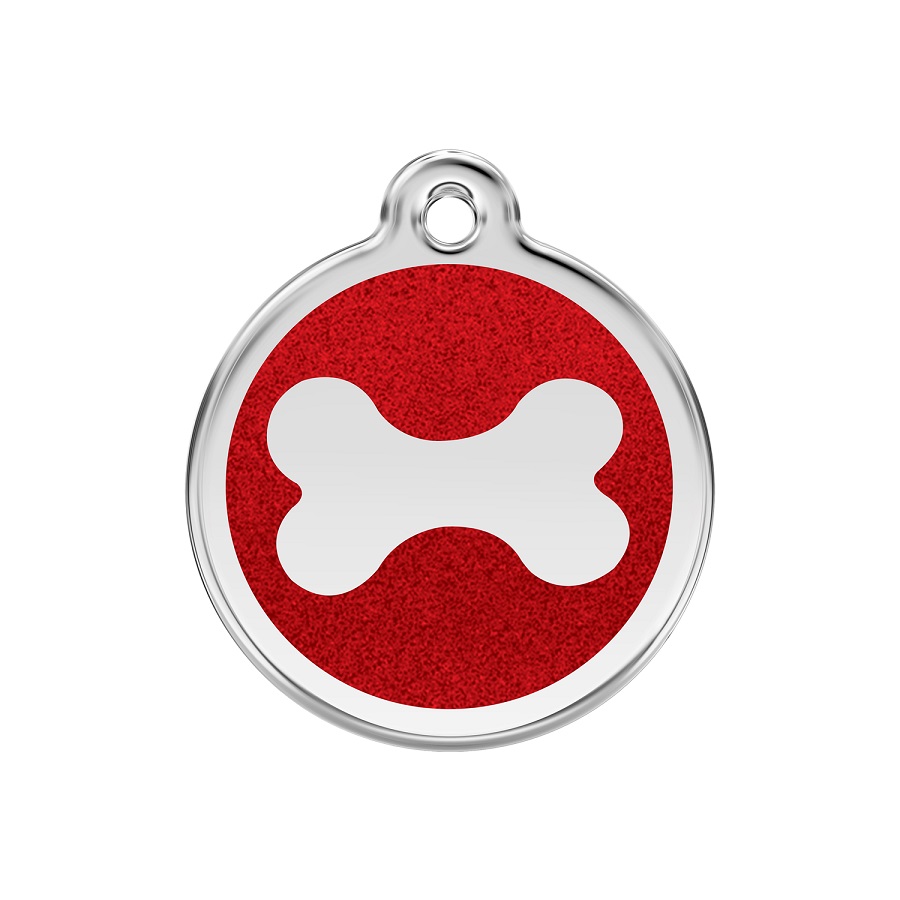 Etiqueta de identificação para cães em formato de osso vermelho com glitter.