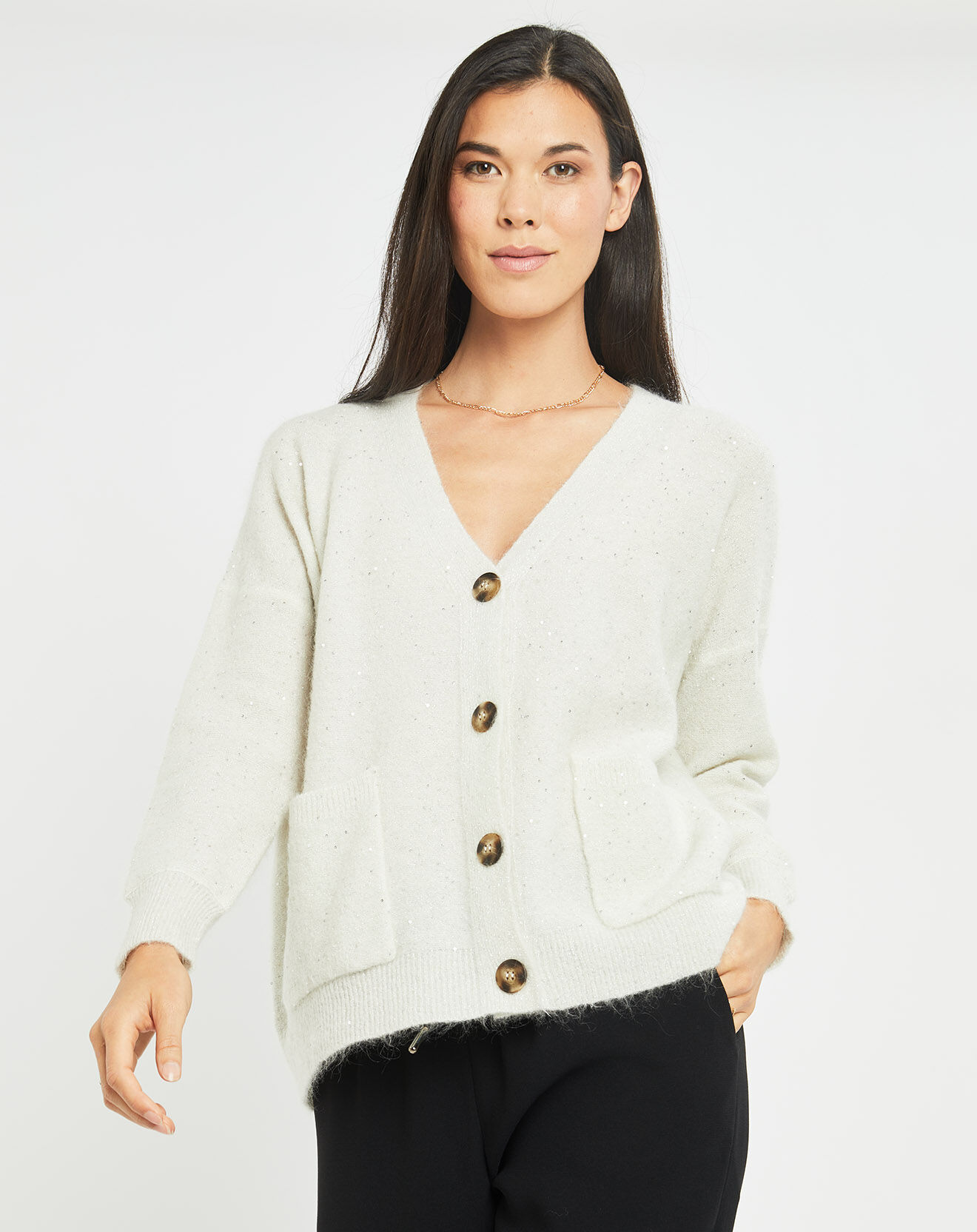 Lauren Vidal Cardigan en Laine & Mohair mélangés Basal à sequins blanc perle