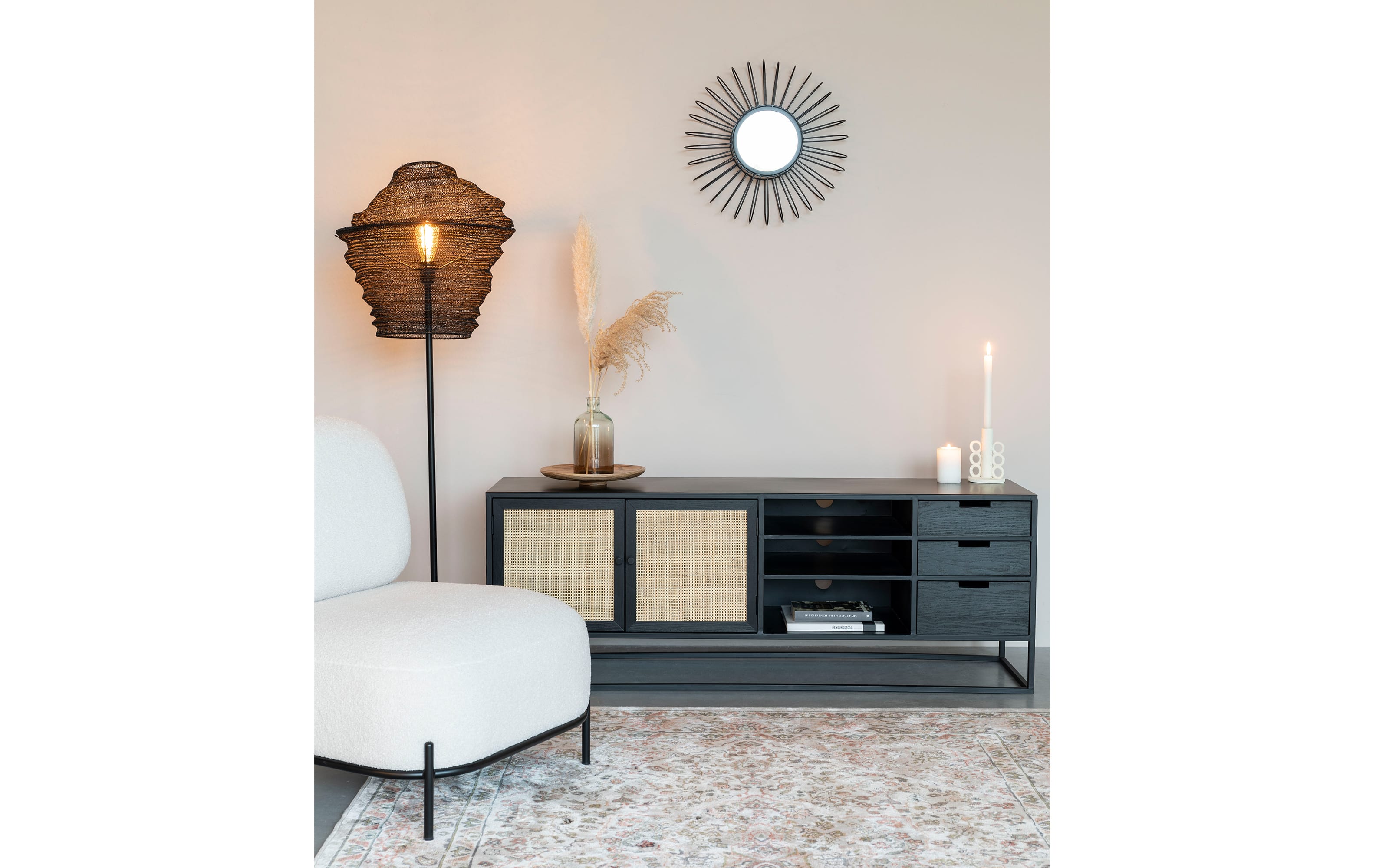 Sideboard Guuji, schwarz, Rattan, 156 cm