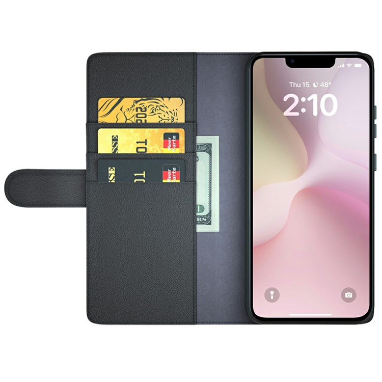 iPhone 16e Echtleder Tasche Flip Cover mit Kartenfächer - Schwarz