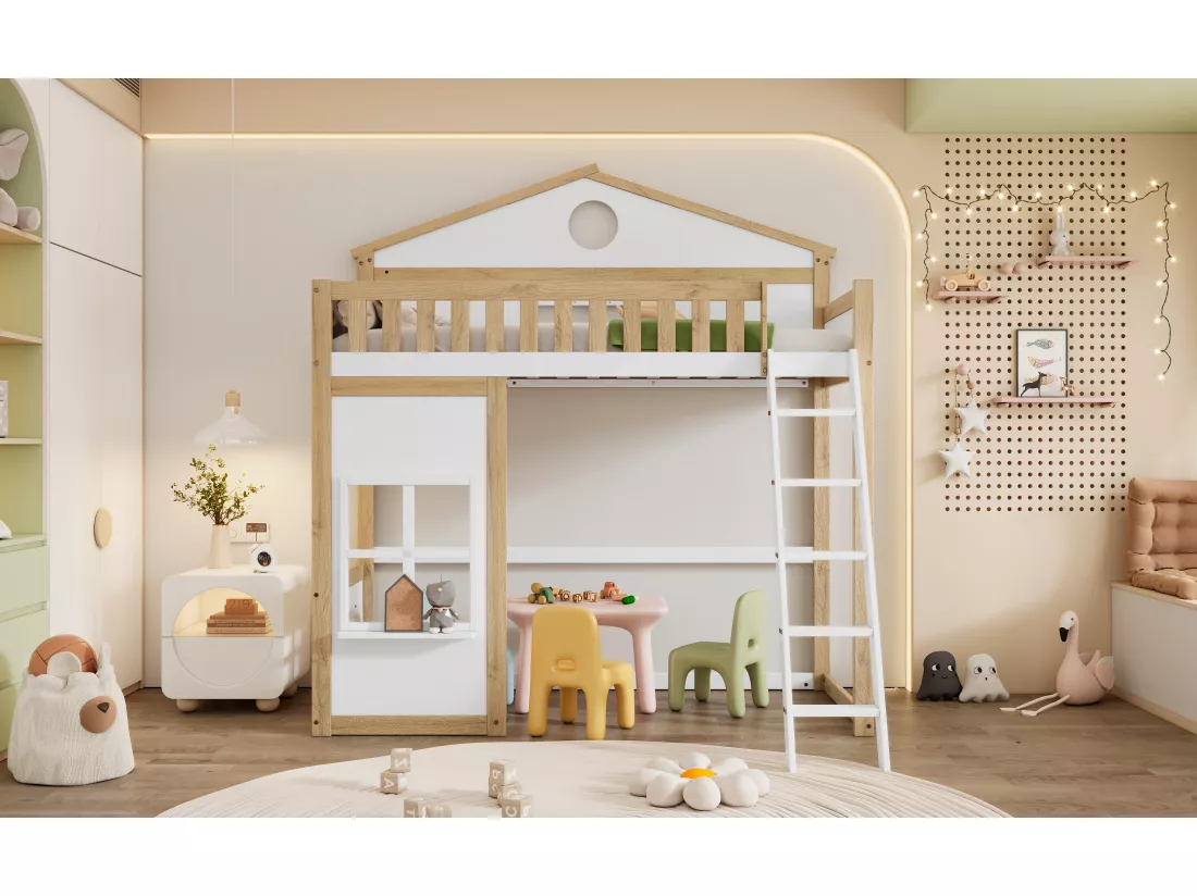 Lit mezzanine 90 x 200 cm avec fenêtres & garde-corps - pin + MDF - blanc + naturel (sans matelas)