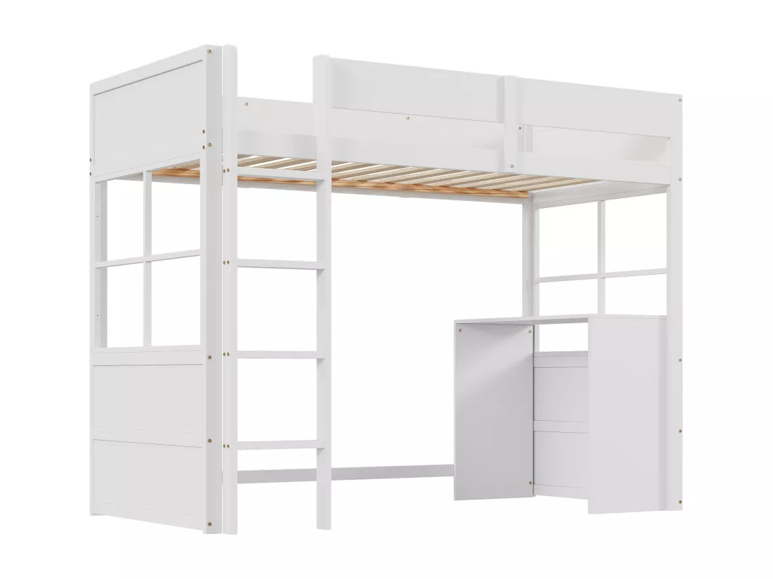 Lit mezzanine 90 x 200 cm avec avec bureau & échelle - bois MDF - blanc (sans matelas)