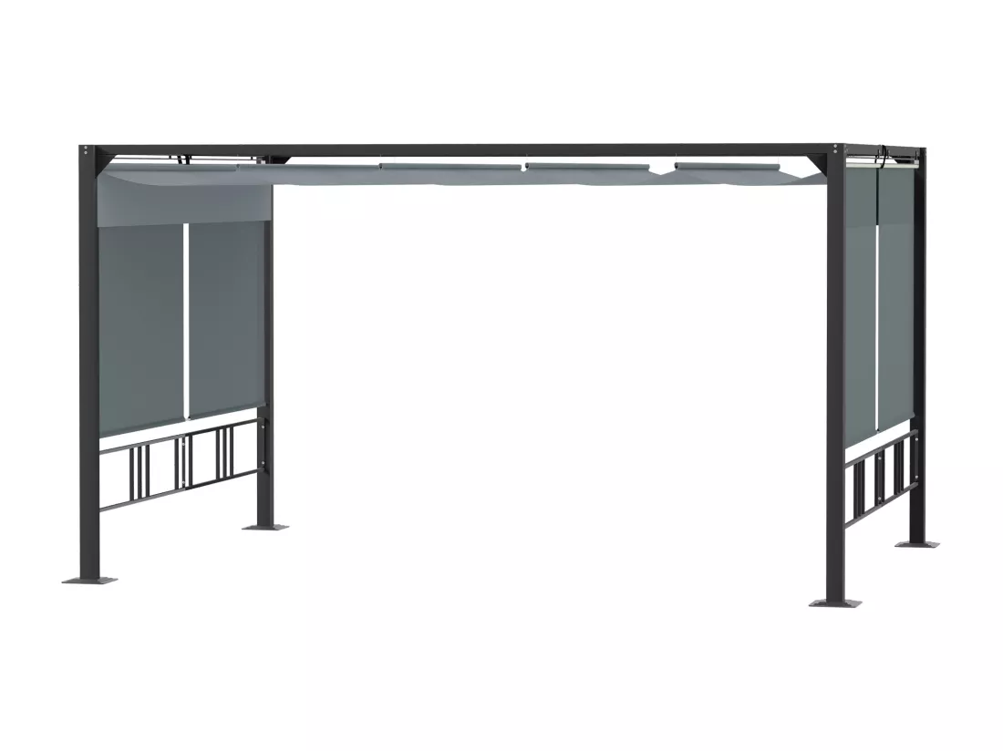Pergola rétractable 3,9L x 2,9l x 2,2H m structure alu. acier époxy noir double toile polyester haute densité gris