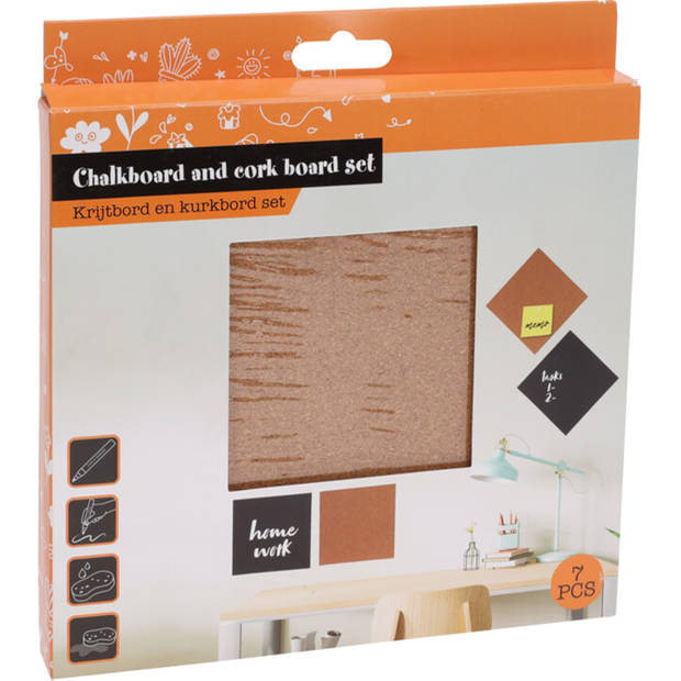 H&S Collection krijtbord/prikbord set - met punaises/krijtmarker - 22 x 22 cm - Prikborden