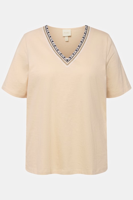 T-Shirt, Stickerei, V-Ausschnitt, Halbarm, Biobaumwolle