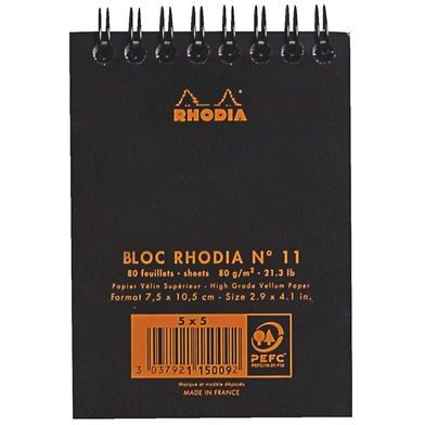Bloc de bureau Rhodia 7,5 x 10,5 cm spirale noir n°11 - 5 x 5 - 80 feuilles