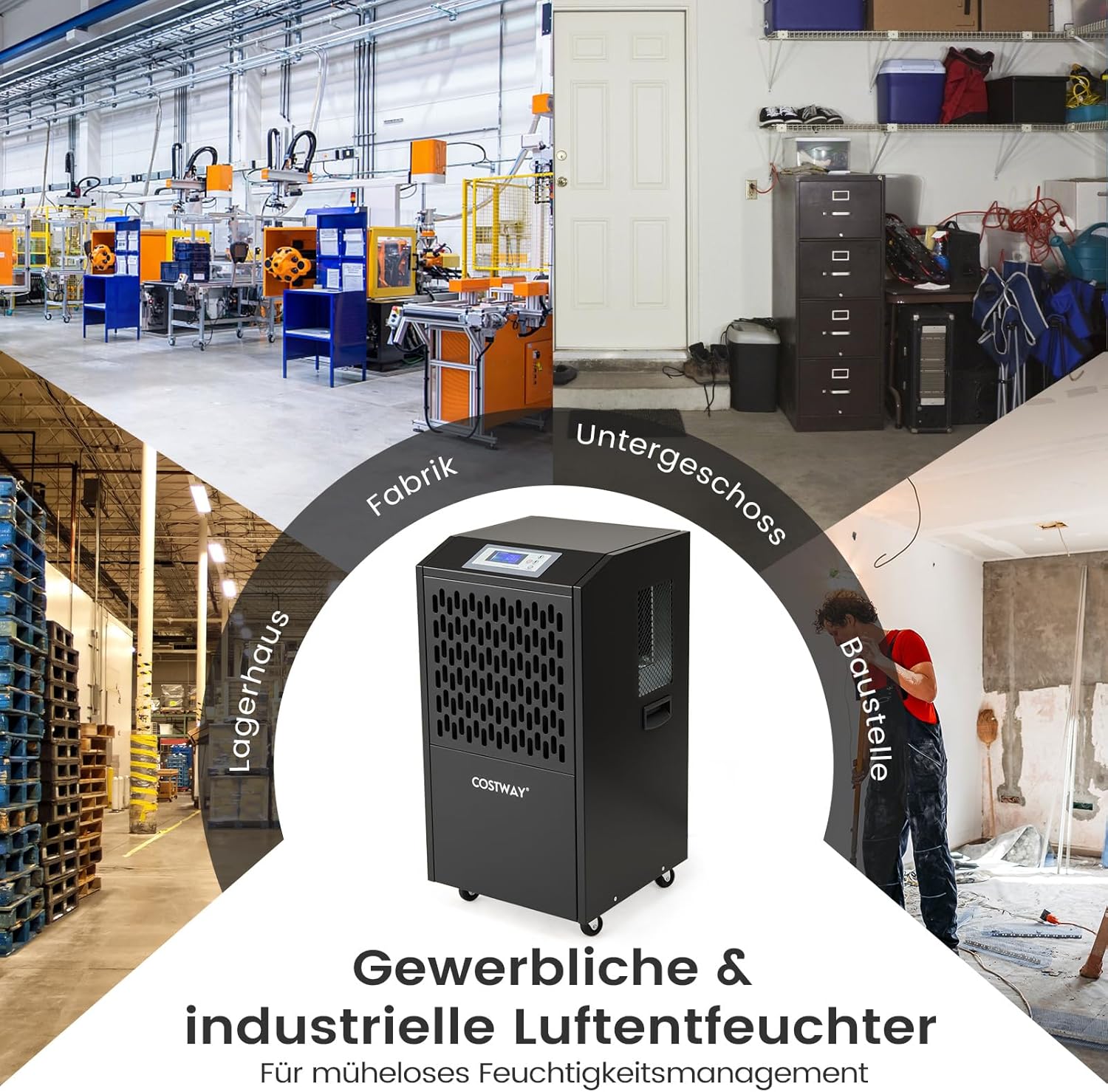 COSTWAY 118 L/Tag Bautrockner, Luftentfeuchter kommerziell mit Ablaufschlauch, 24H Timer und 4 Rädern, Entfeuchtungsgerät Industrie Trocknungsgerät für Keller, Lager, Baustelle & Räume bis zu 790 m²