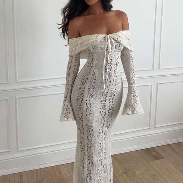 Emilyn - Lange mouw off-shoulder effen strik kanten maxi zeemeerminjurk